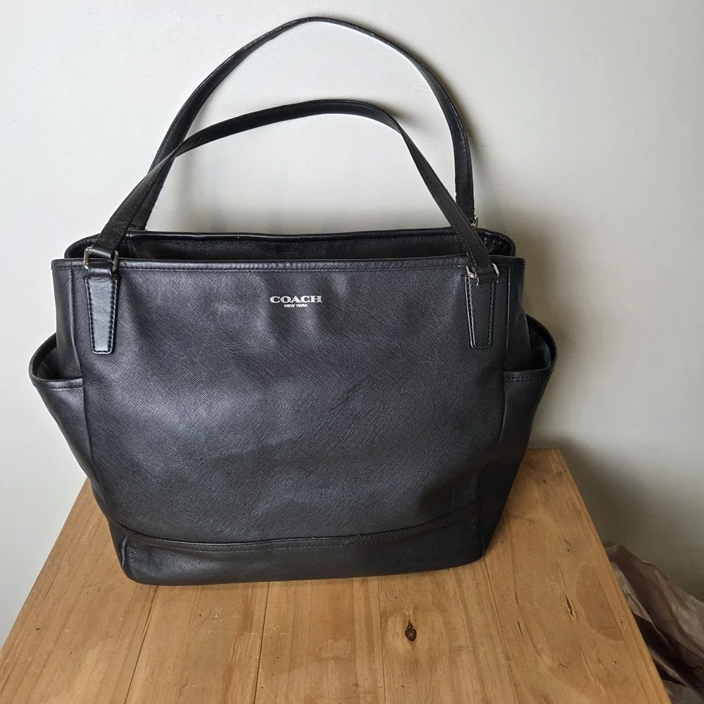 Coach Black Saffiano Leather Tote Shoulder Bag Silver Hardware Multi Pocket...